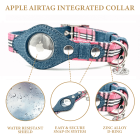 Apple Airtag Integrated Collar (Color: Pink Plaid, size: large)